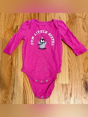 GAP Bright Pink Long-Sleeve Bodysuit with Penguin Graphic